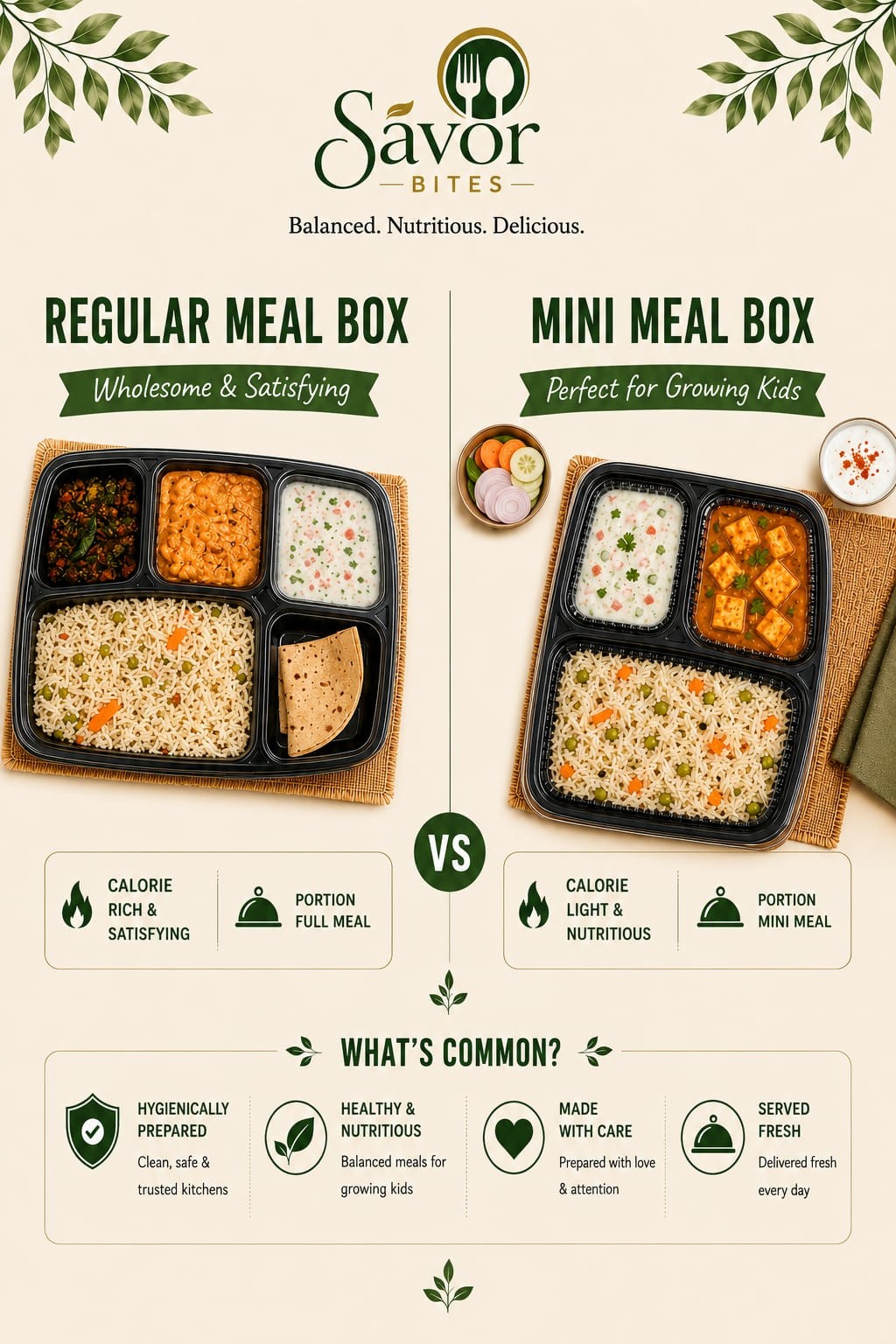 Savor Bites Regular and Mini meal boxes with roti, rice, curry and vegetables