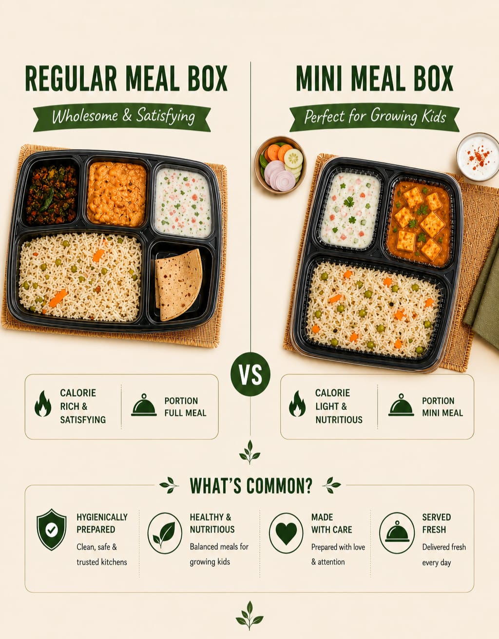 Savor Bites Regular and Mini meal boxes with roti, rice, curry and vegetables